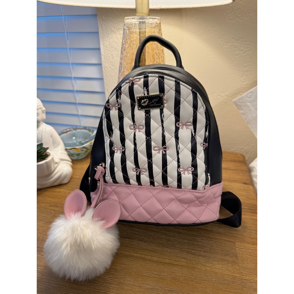 Luv Betsey by Betsey Johnson Mini Backpack Quilted Striped Pink Bows Pom Pom